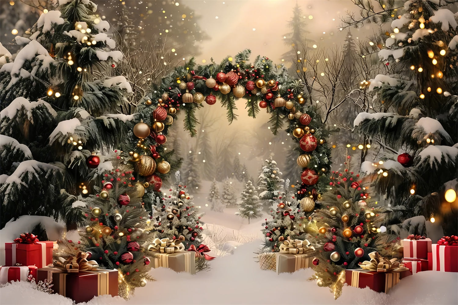 Snowy Christmas Arch with Presents Backdrop UK BRP7-220