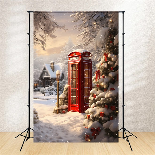 Christmas Red Telephone Booth Snow Backdrop UK BRP8-106