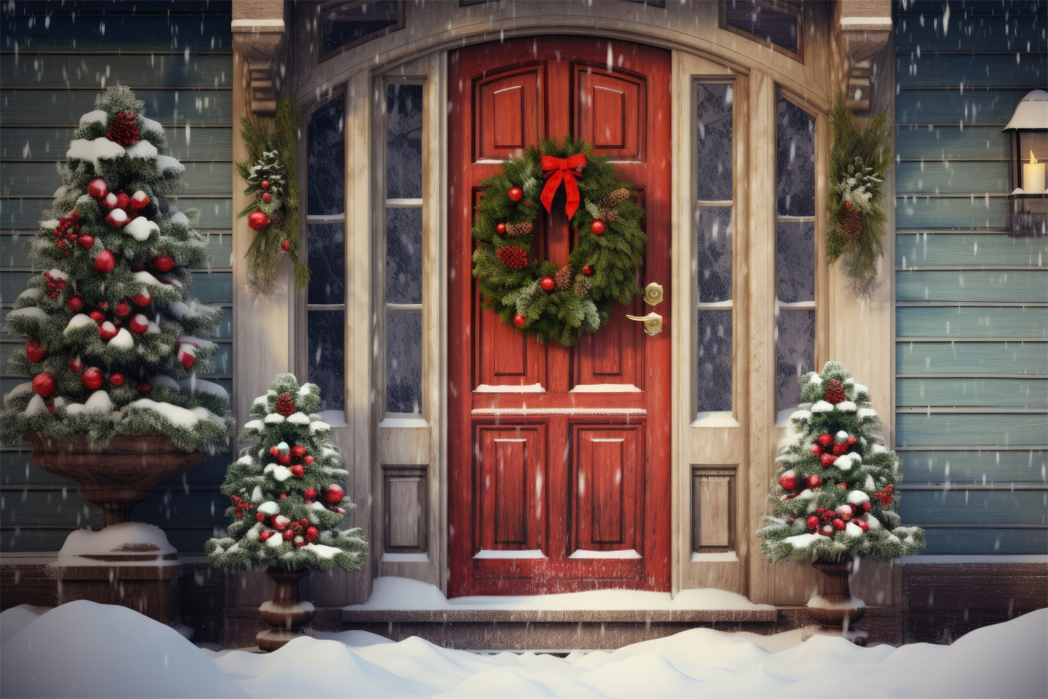 Snowy Christmas Red Door Wreath Backdrop UK BRP8-118