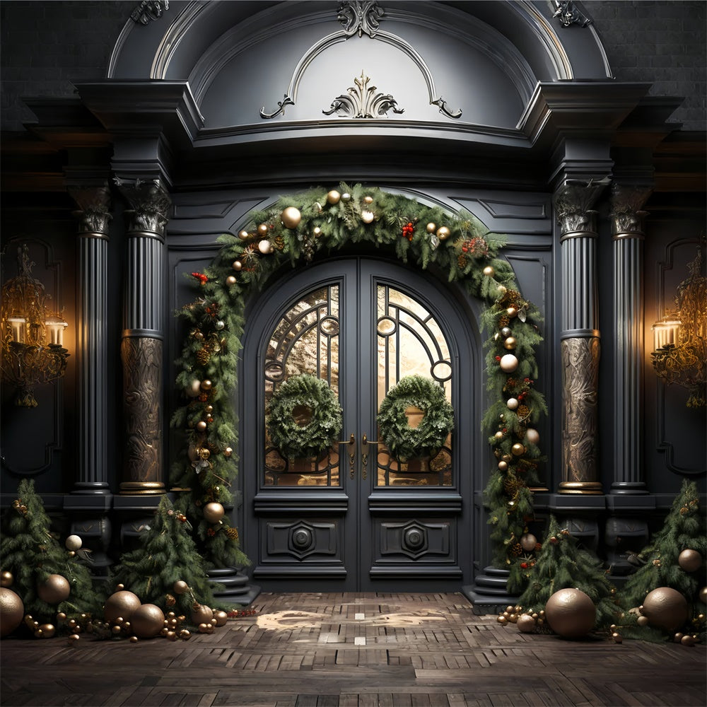 Elegant Black Door with Christmas Decorations Backdrop UK BRP8-128