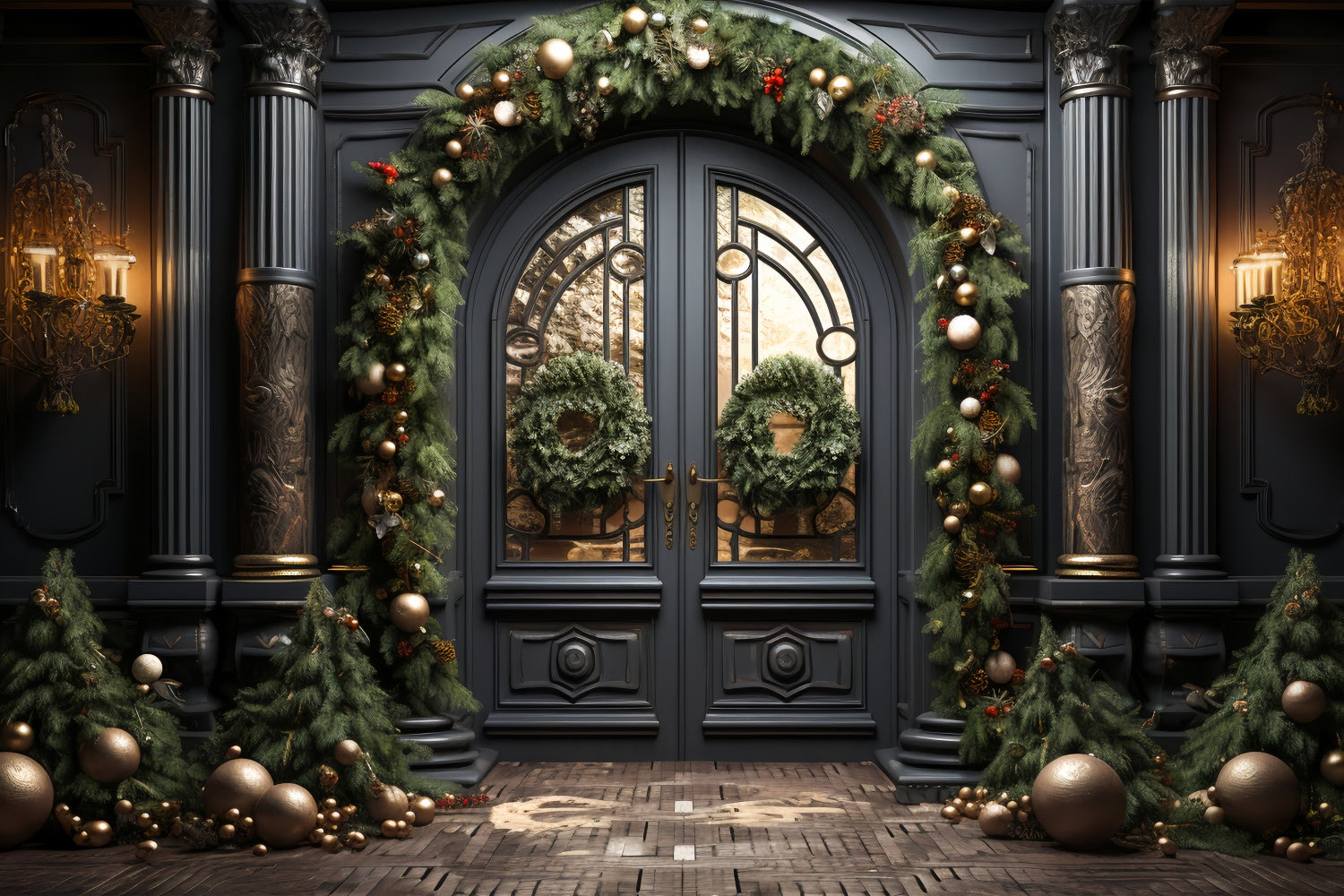 Elegant Black Door with Christmas Decorations Backdrop UK BRP8-128