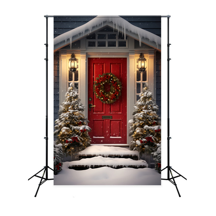 Christmas Red Door and Snowy Entryway Backdrop UK BRP8-132
