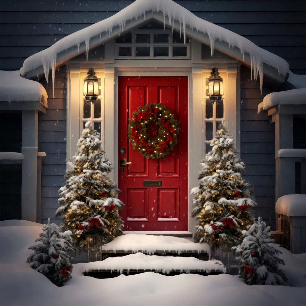 Christmas Red Door and Snowy Entryway Backdrop UK BRP8-132