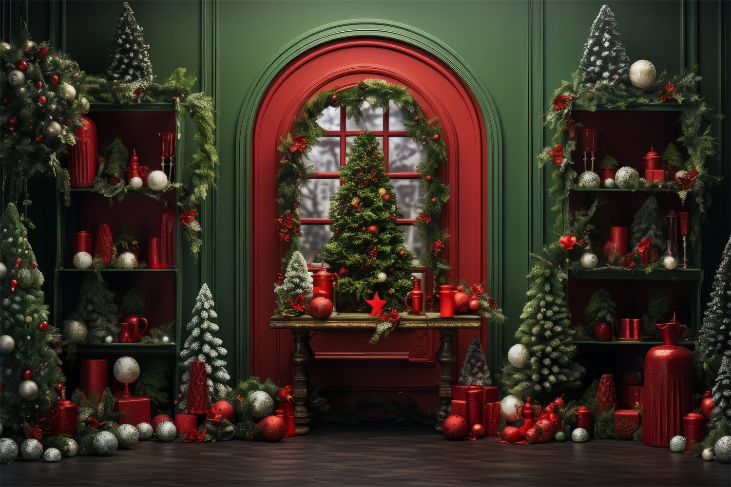 Red Christmas Decor in Green Room Backdrop UK BRP8-135