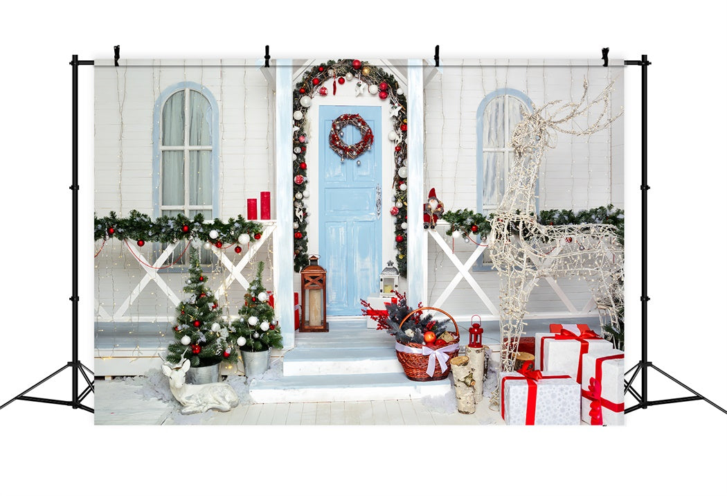 Snowy Christmas Porch with Reindeer Lights Backdrop UK BRP8-137