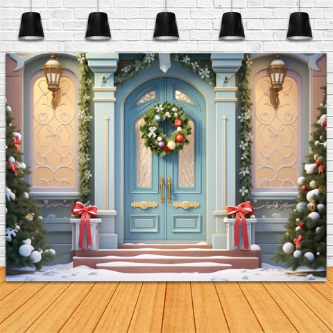 Elegant Christmas Blue Door Wreath Backdrop UK BRP8-138