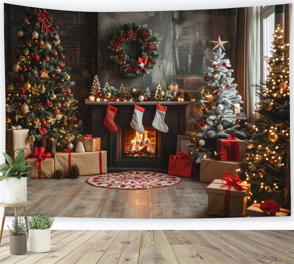 Christmas Decor and Fireplace with Stockings Backdrop UK BRP8-140