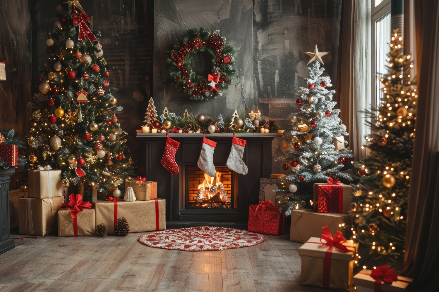 Christmas Decor and Fireplace with Stockings Backdrop UK BRP8-140