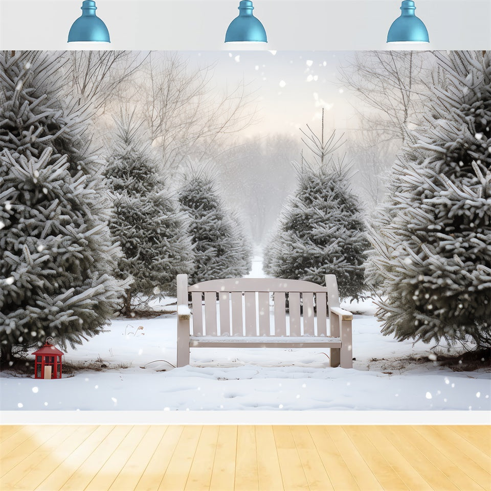 Snowy Christmas Tree Grove Bench Backdrop UK BRP8-141