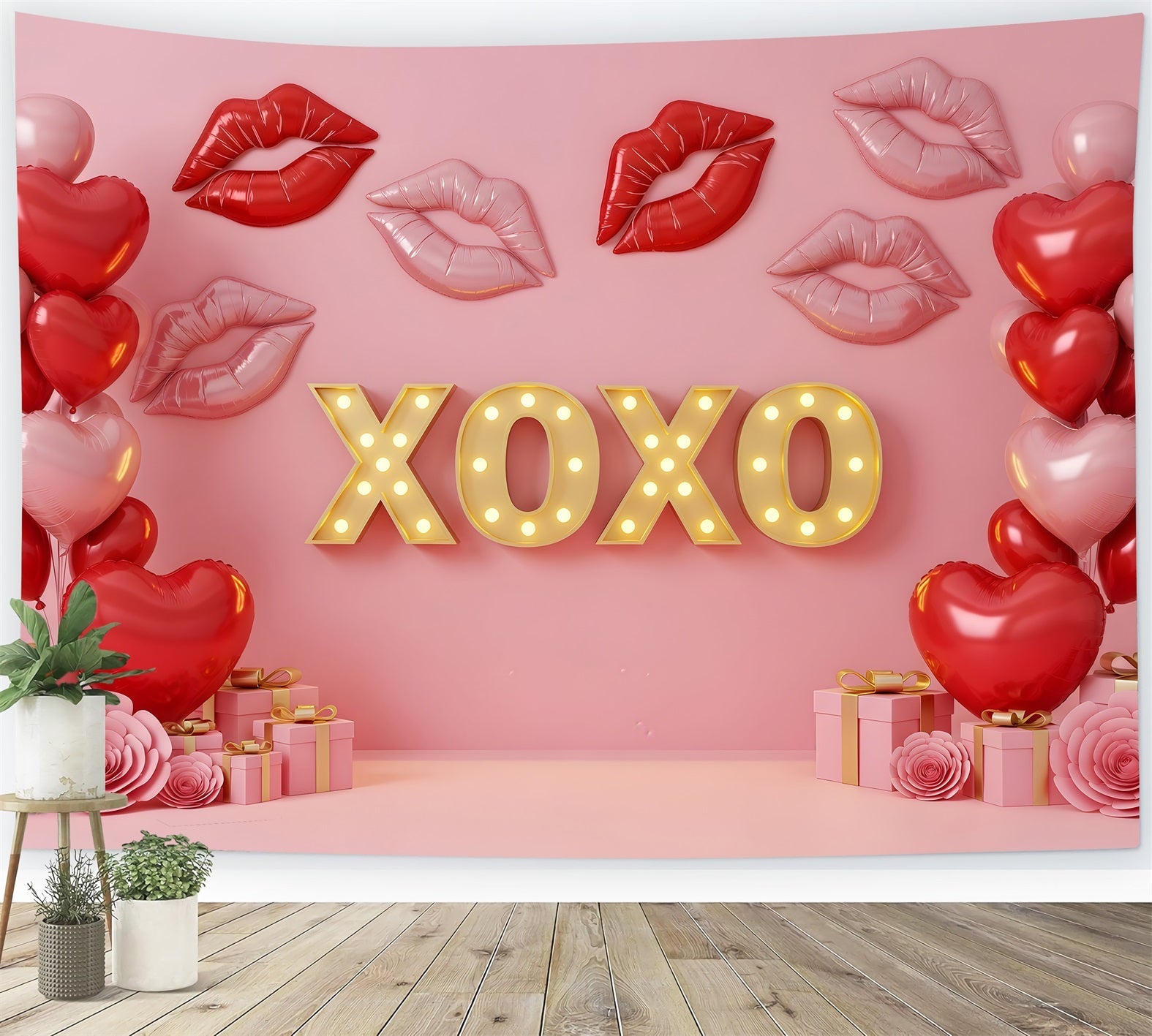 Valentine's Day Backdrop Kissing Lips Neon XOXO Pink Valentine Backdrop UK By Magali