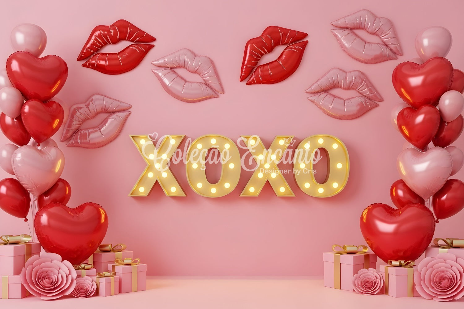 Valentine's Day Backdrop Kissing Lips Neon XOXO Pink Valentine Backdrop UK By Magali