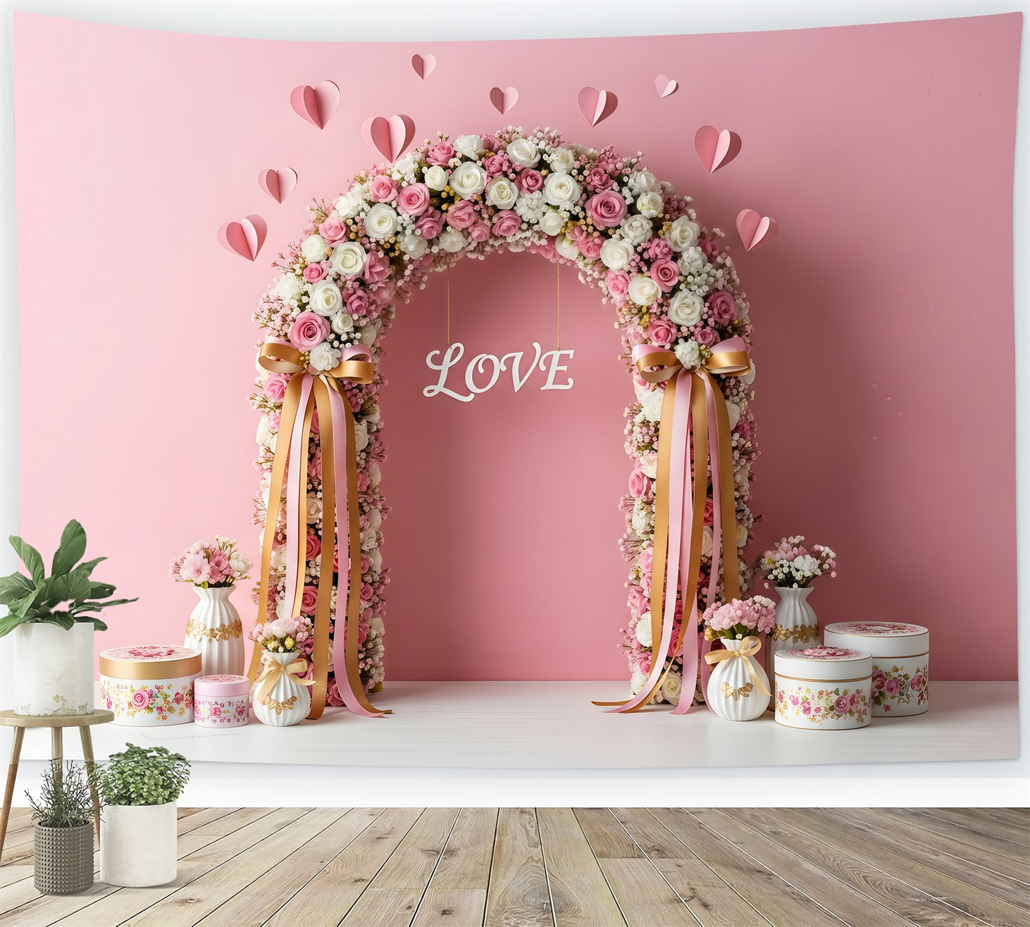 Valentines Backdrop Pink Floral Arch Valentine's Day Photography Backdrop UK By Magali