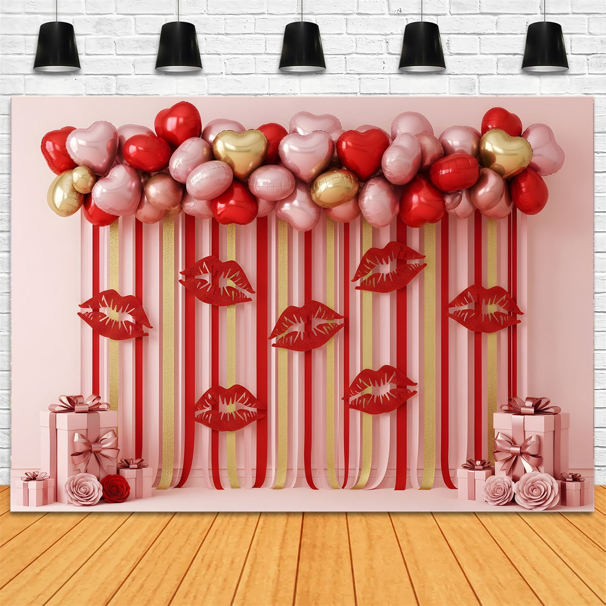 Valentine Balloon Backdrop Striped Lips Heart Display Valentine's Day Backdrops UK By Magali