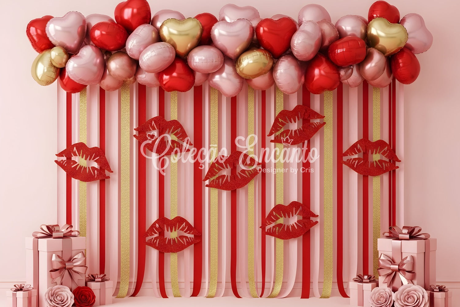 Valentine Balloon Backdrop Striped Lips Heart Display Valentine's Day Backdrops UK By Magali