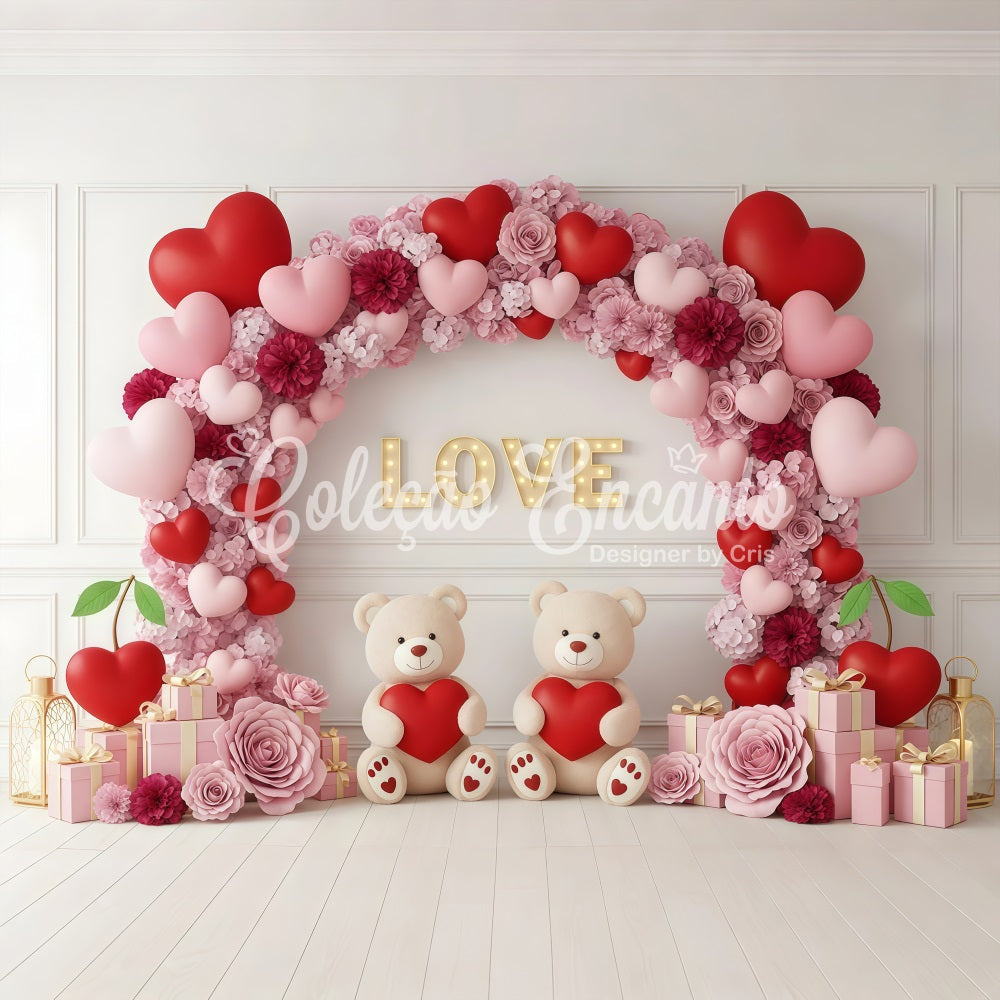 Valentine's Day Backdrop Floral Heart Teddy Arch Valentine Backdrops UK By Magali
