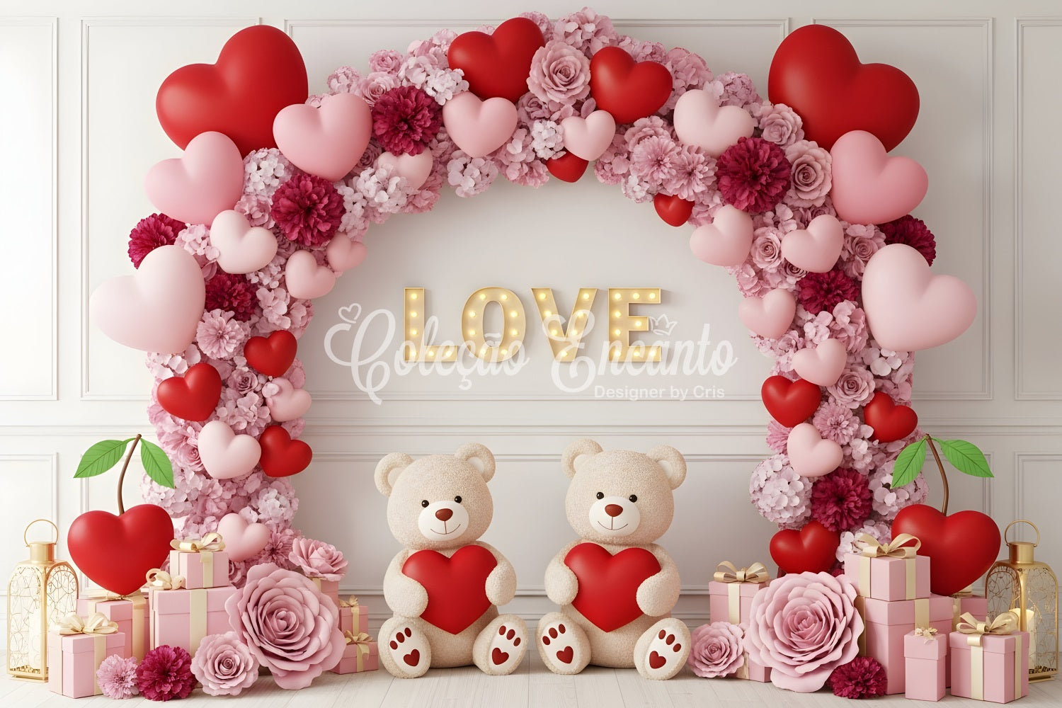 Valentine's Day Backdrop Floral Heart Teddy Arch Valentine Backdrops UK By Magali