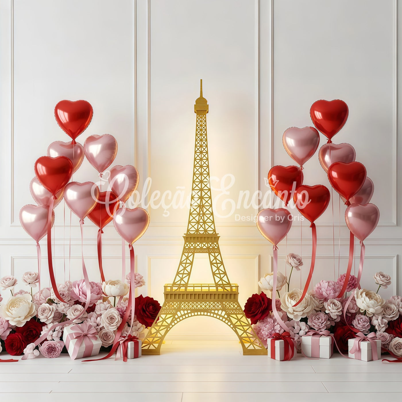 Valentine's Backdrop Golden Paris Heart Balloons Valentine's Day Backdrop UK By Magali