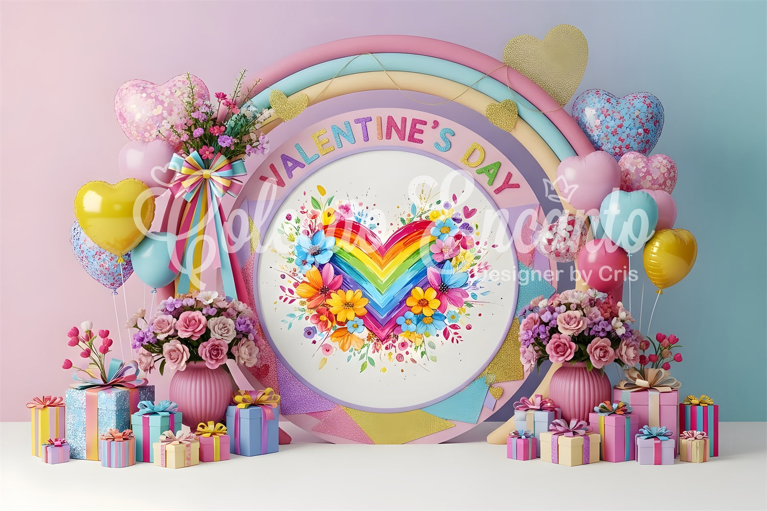 Valentines Backdrop Rainbow Floral Heart Valentine's Day Backdrops For Pictures UK By Magali