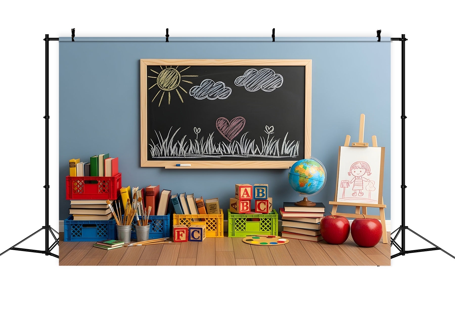 Back To School Backdrops Sunny Chalkboard Drawing School Classroom Backdrop UK By Magali