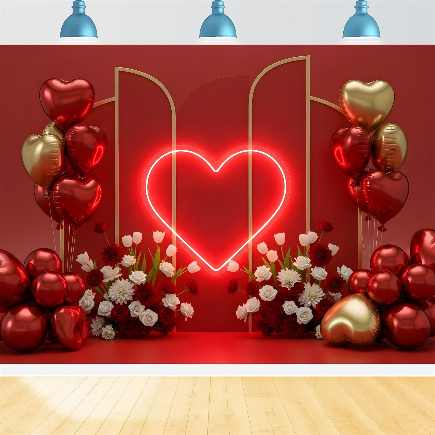 Valentine Backdrops Neon Heart Balloons Floral Red Valentine Backdrop UK By Magali