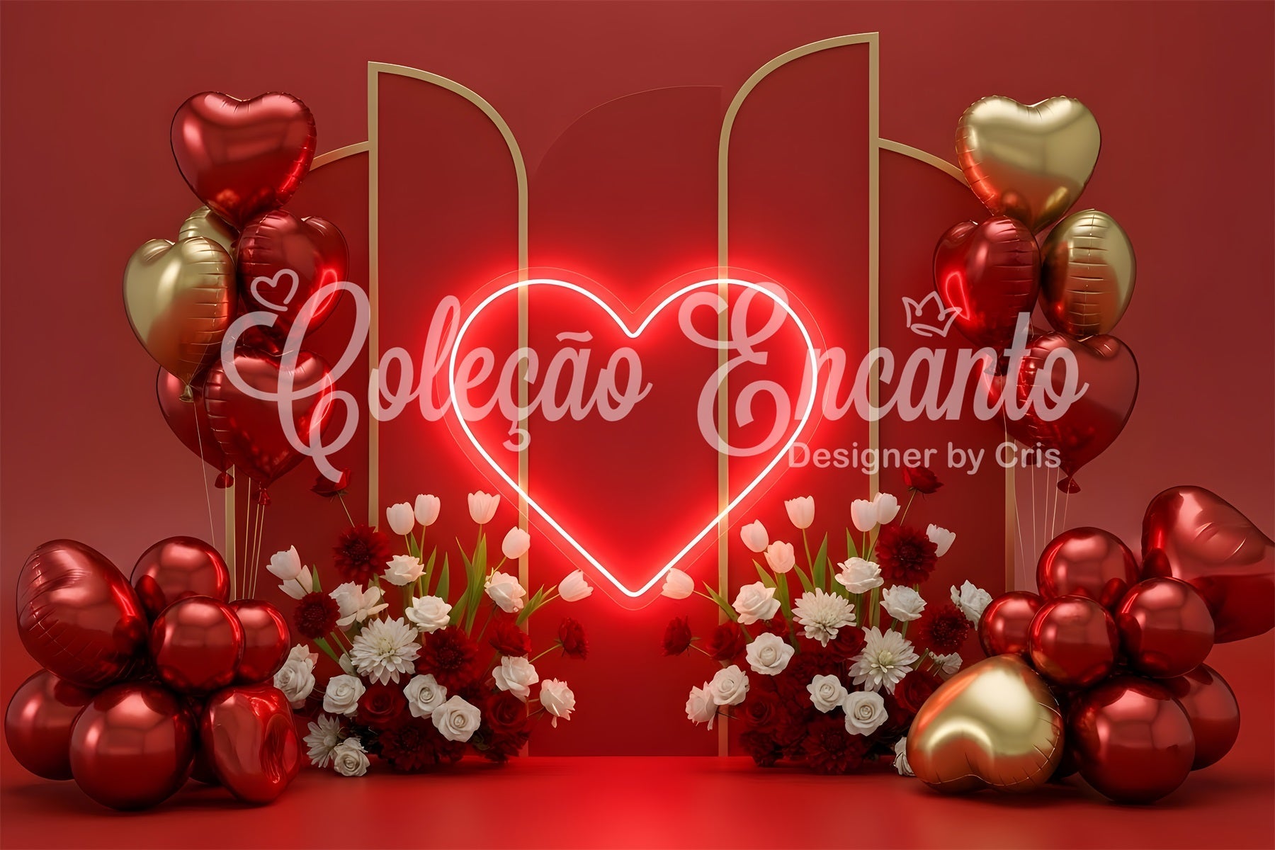 Valentine Backdrops Neon Heart Balloons Floral Red Valentine Backdrop UK By Magali