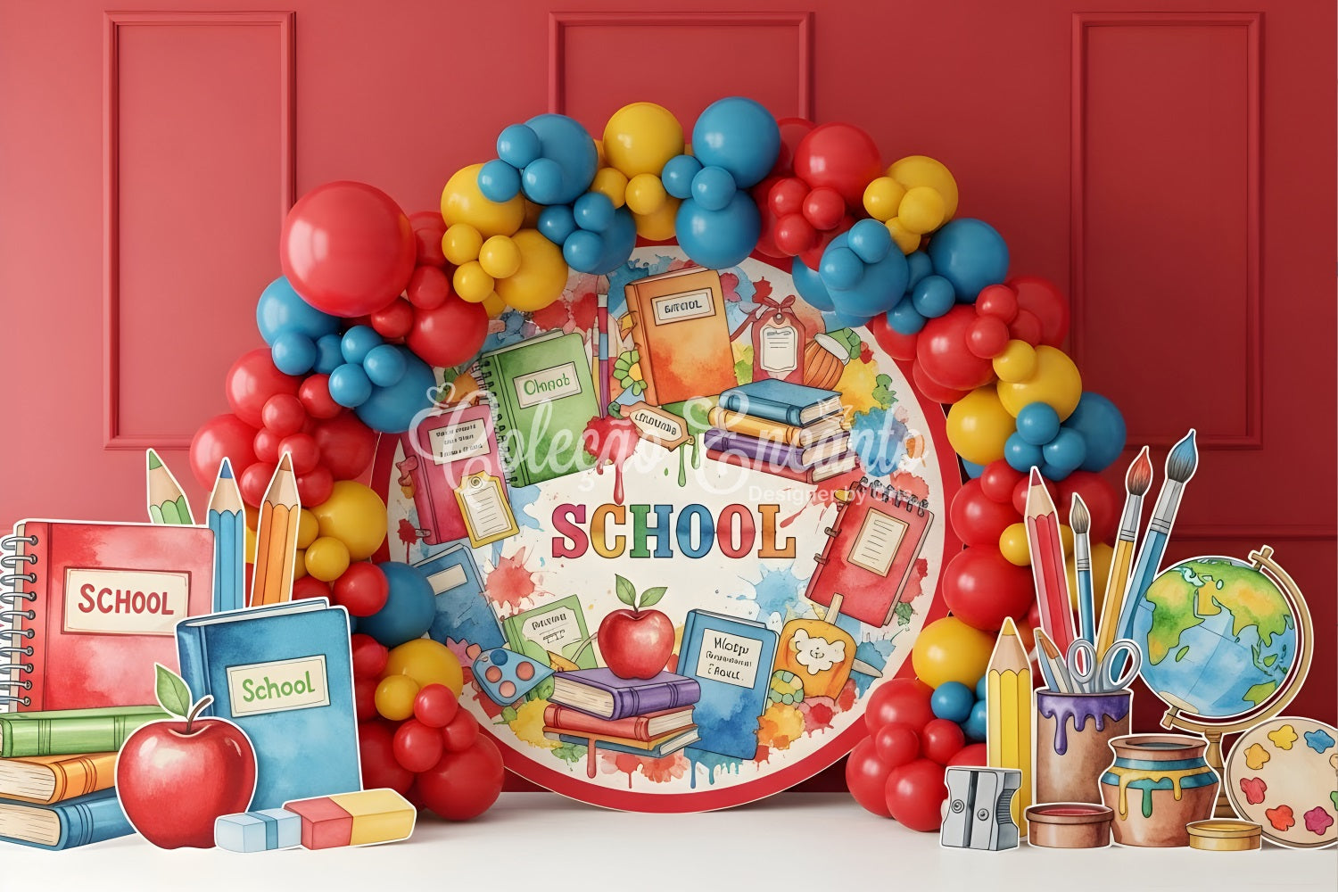 School Picture Backdrop Vibrant Balloon Classroom Back To School Backdrop UK By Magali