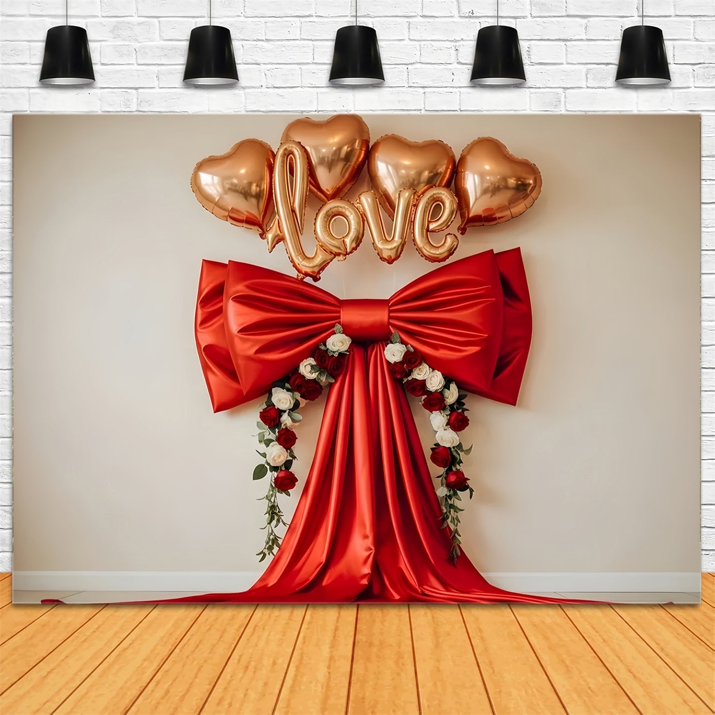 Valentine's Day Backdrops Red Satin Bow Floral Hearts Valentine Backdrop UK By Magali