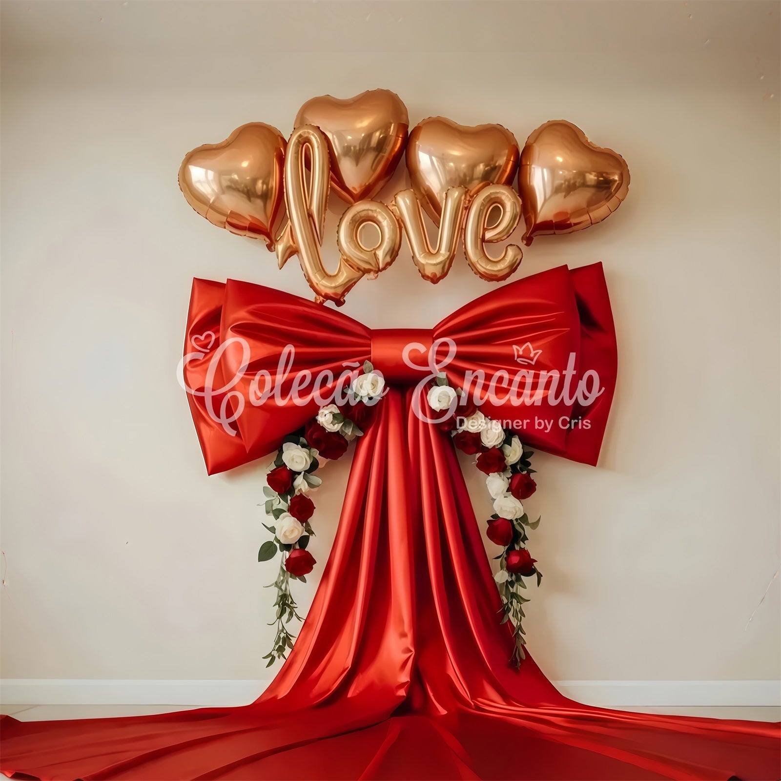 Valentine's Day Backdrops Red Satin Bow Floral Hearts Valentine Backdrop UK By Magali