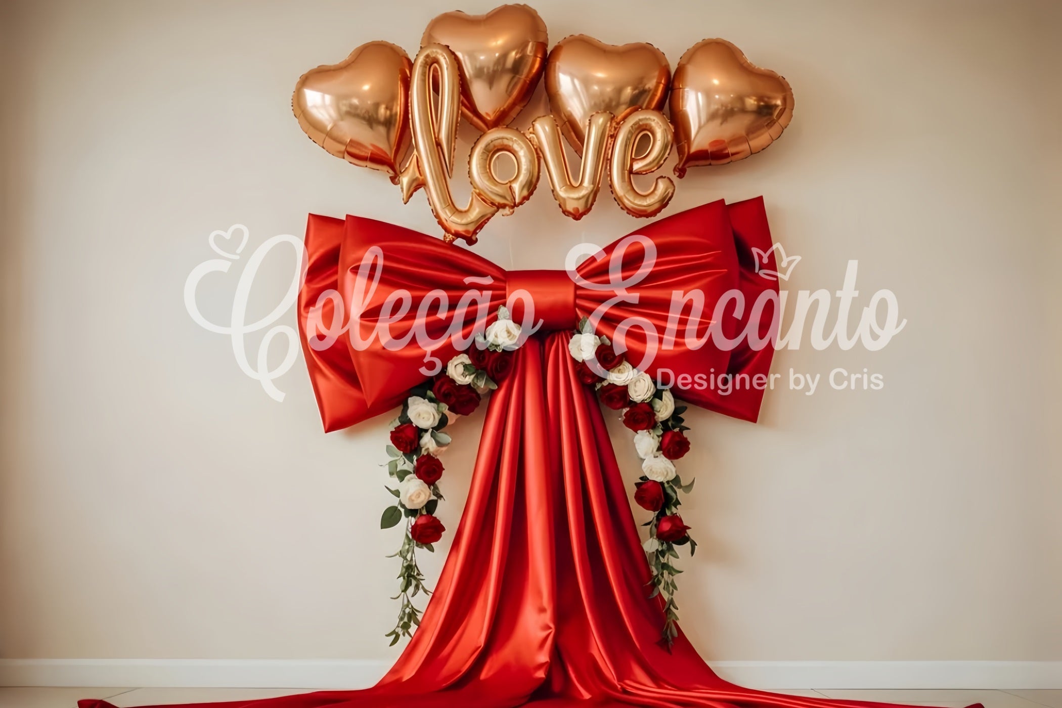 Valentine's Day Backdrops Red Satin Bow Floral Hearts Valentine Backdrop UK By Magali