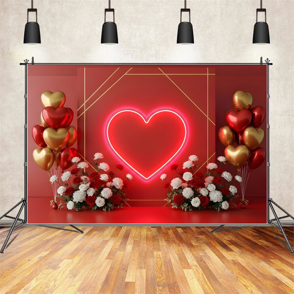 Valentines Backdrops Neon Heart Balloons Floral Valentine's Day Backdrop UK By Magali