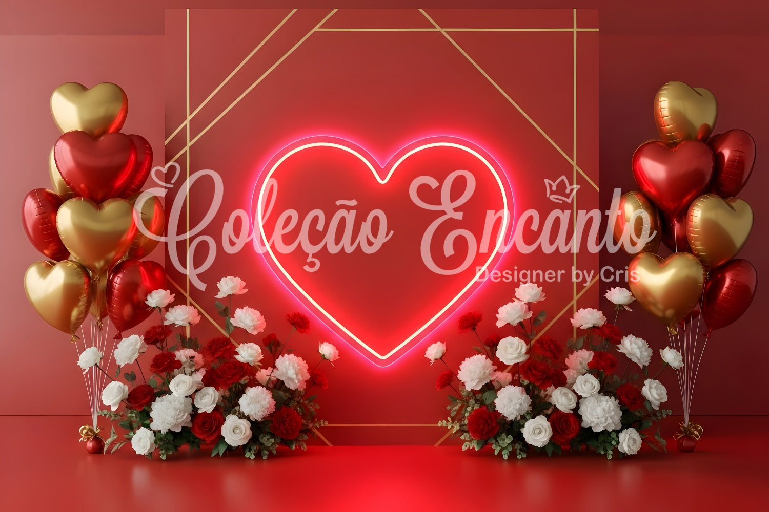 Valentines Backdrops Neon Heart Balloons Floral Valentine's Day Backdrop UK By Magali