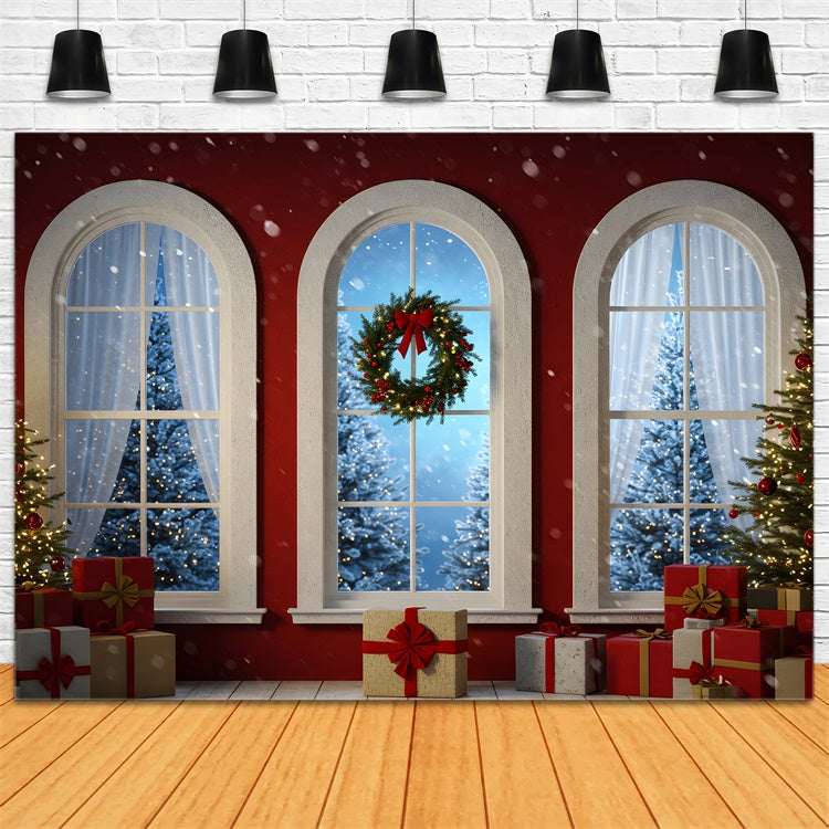 Christmas Backdrop For Photos Red Wall Arched Window Backdrop UK By Magali