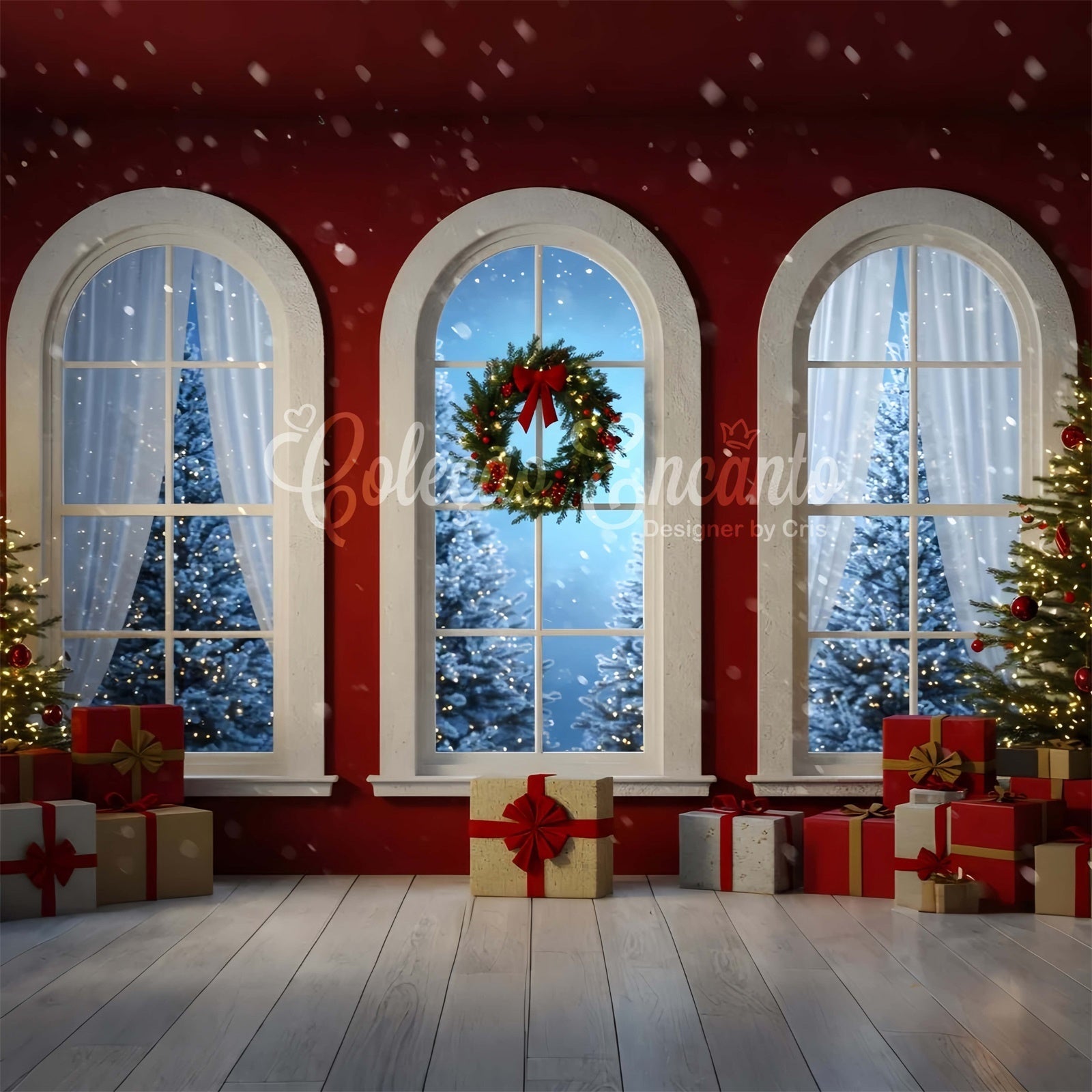 Christmas Backdrop For Photos Red Wall Arched Window Backdrop UK By Magali