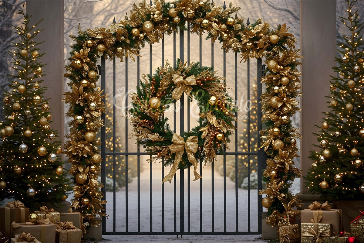Christmas Tree Backdrop Golden Wreath Gate Decor Backdrop UK By Magali