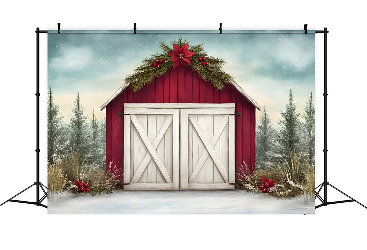 High Resolution Christmas Backdrop Rustic Red Barn Backdrop UK By Magali