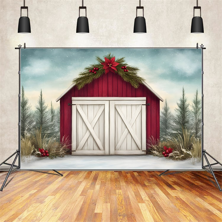 High Resolution Christmas Backdrop Rustic Red Barn Backdrop UK By Magali