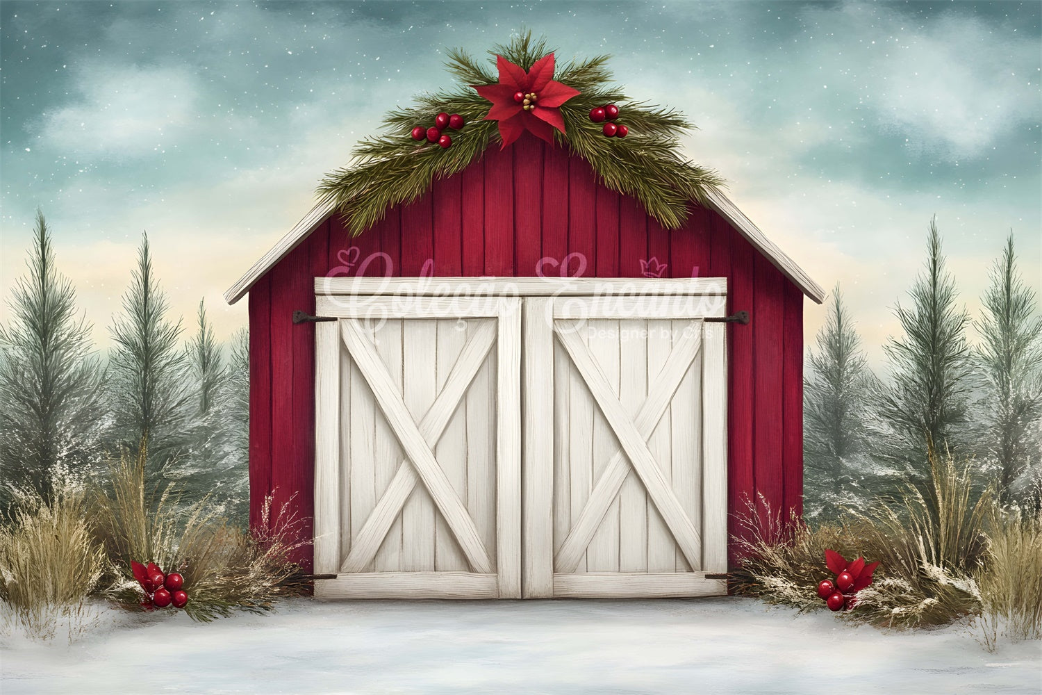 High Resolution Christmas Backdrop Rustic Red Barn Backdrop UK By Magali