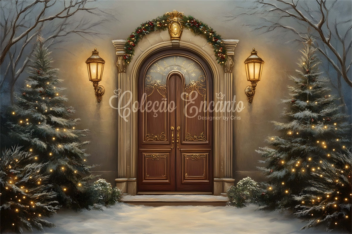 Christmas Tree Backdrop Snowy Night Vintage Entry Backdrop UK By Magali