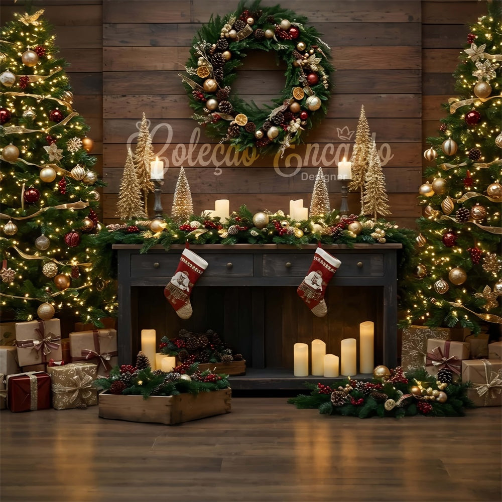 Christmas Fireplace Backdrop Candle Glow Holiday Setup Backdrop UK By Magali