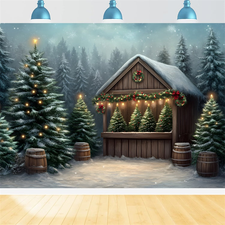 Christmas Photo Backdrop Frosted Trees Wooden House Backdrop UK By Magali