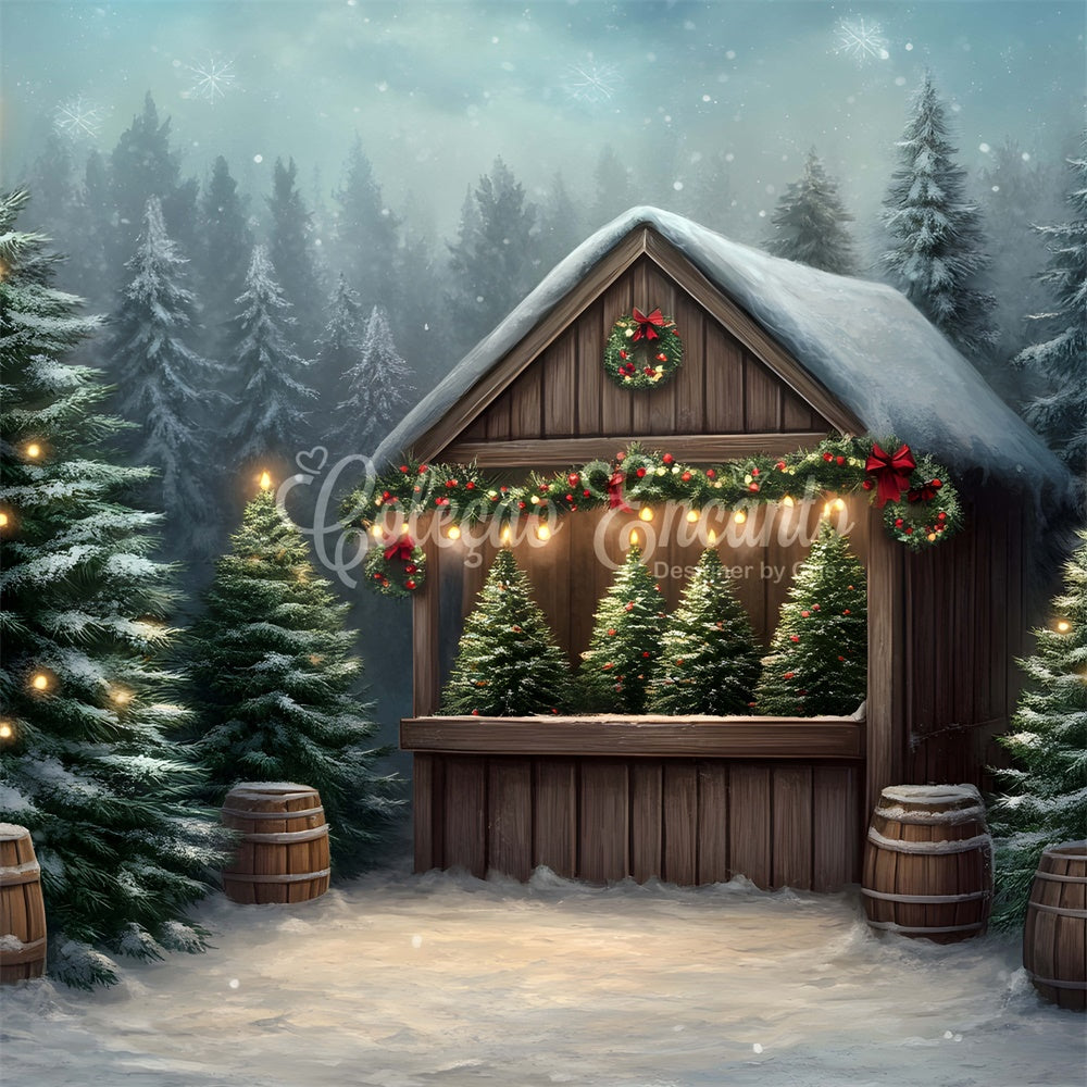Christmas Photo Backdrop Frosted Trees Wooden House Backdrop UK By Magali