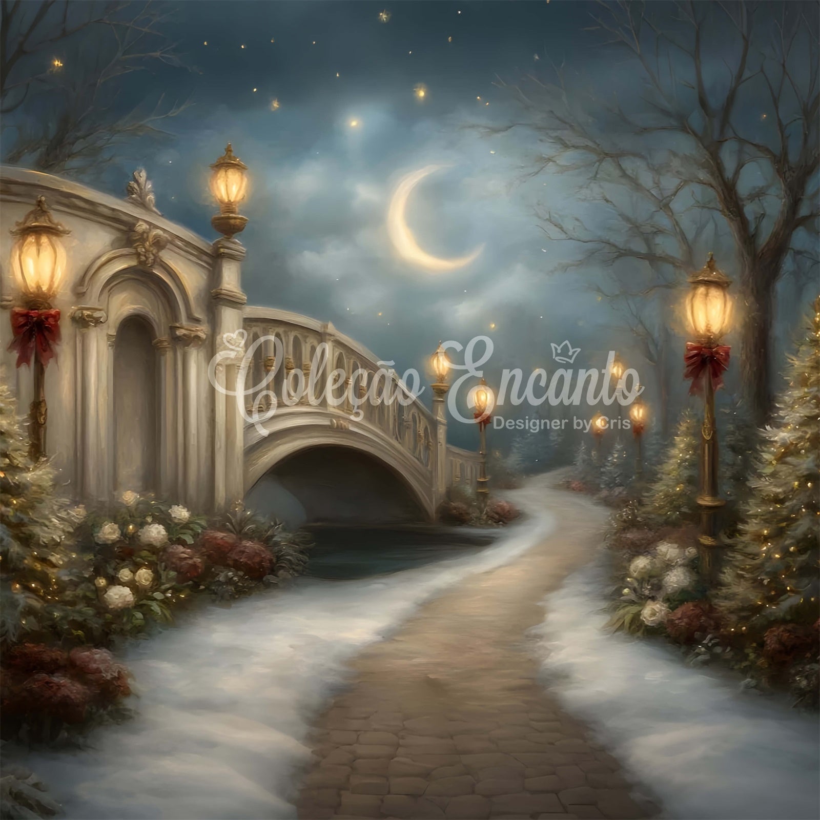 Christmas Backdrops Holiday Bridge Lantern Moon Backdrop UK By Magali