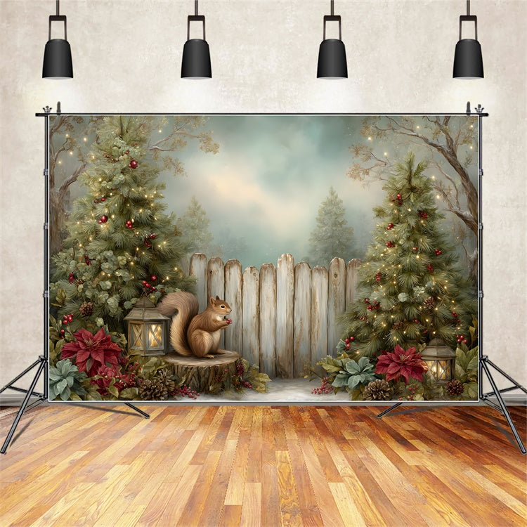 Christmas Photography Backdrops Squirrel Pine Tree Fence Backdrop UK By Magali