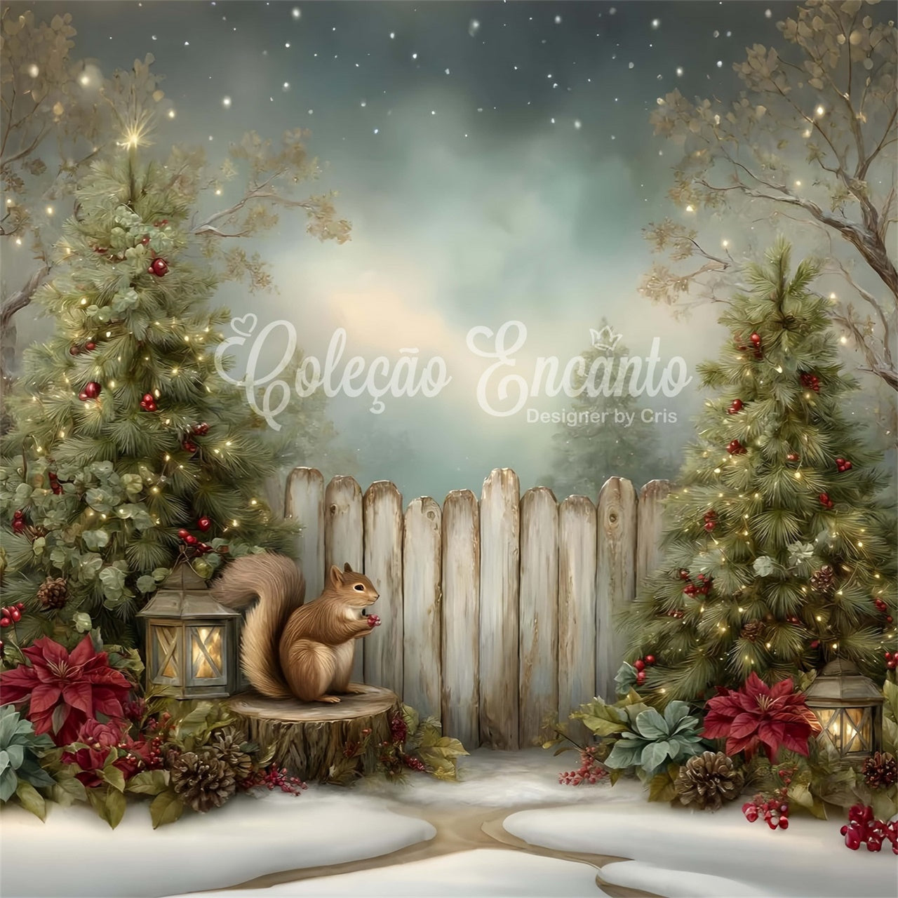 Christmas Photography Backdrops Squirrel Pine Tree Fence Backdrop UK By Magali
