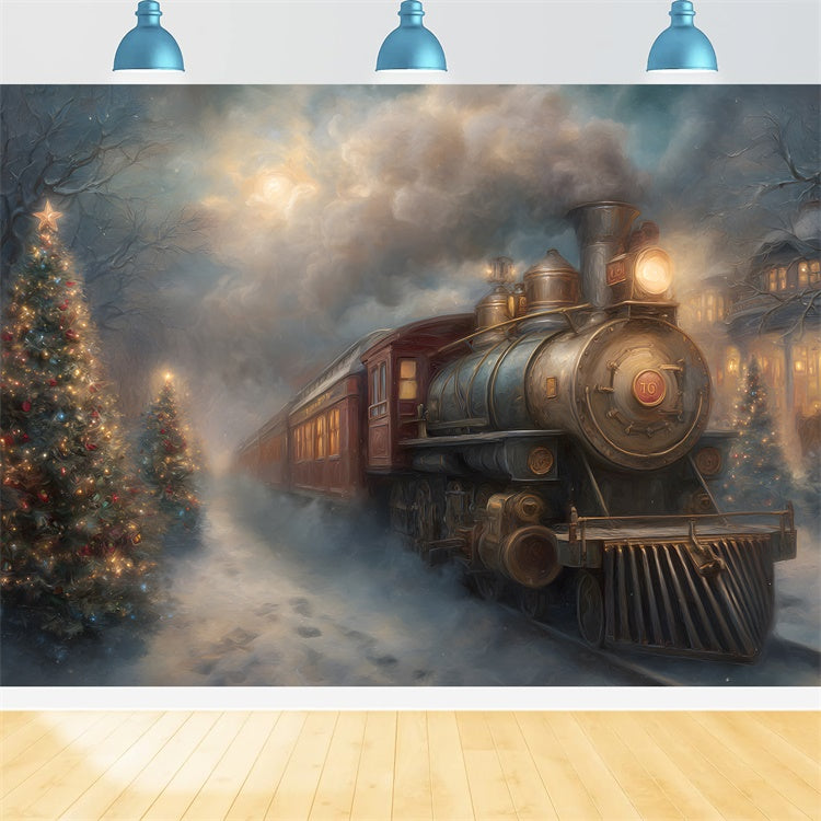 Christmas Photo Backdrop Vintage Train Winter Night Backdrop UK By Magali