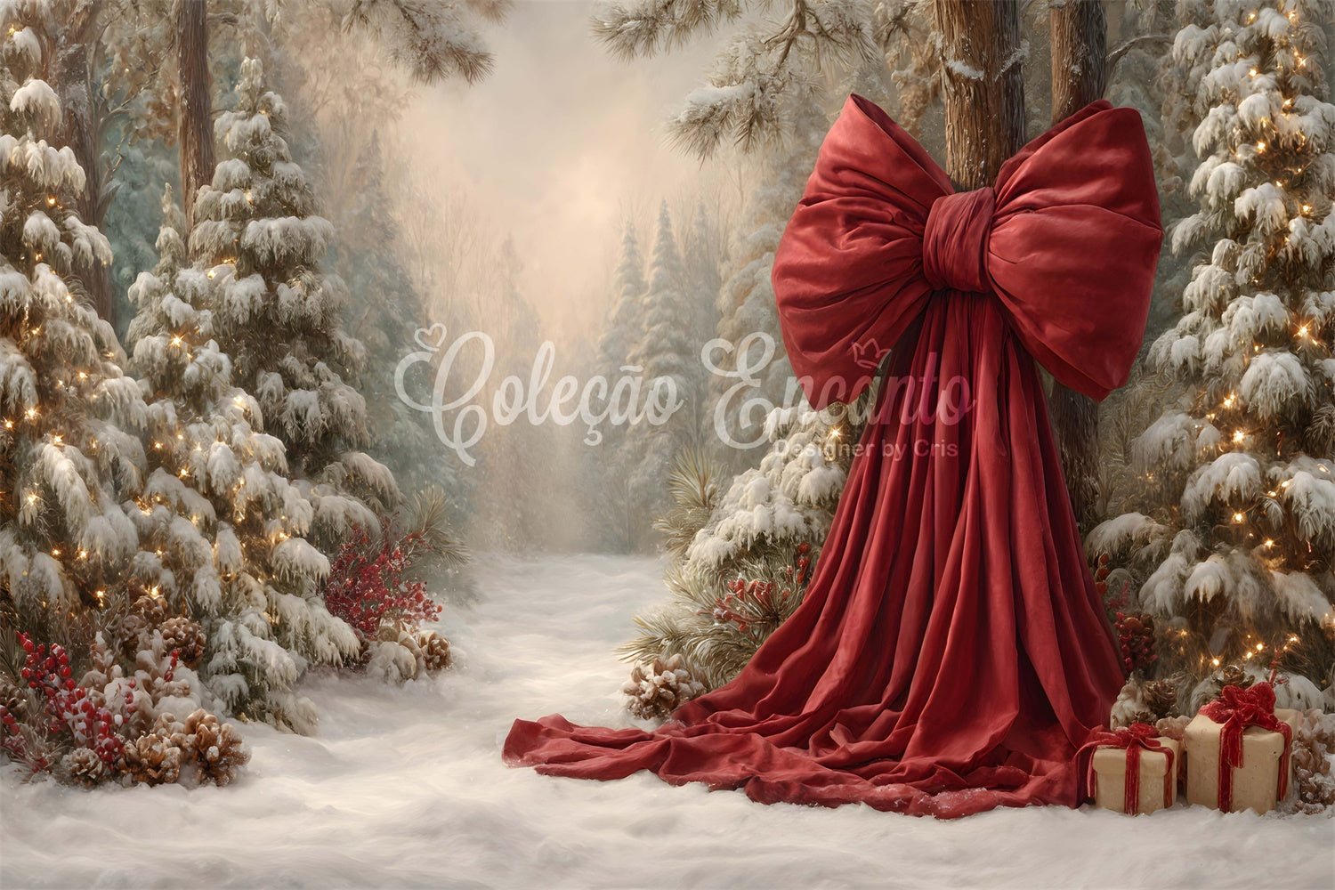 Christmas Tree Backdrop Snowy Forest Holiday Bow Backdrop UK By Magali