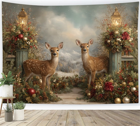 Christmas Backdrop Holiday Reindeer Forest Lantern Backdrop UK By Magali