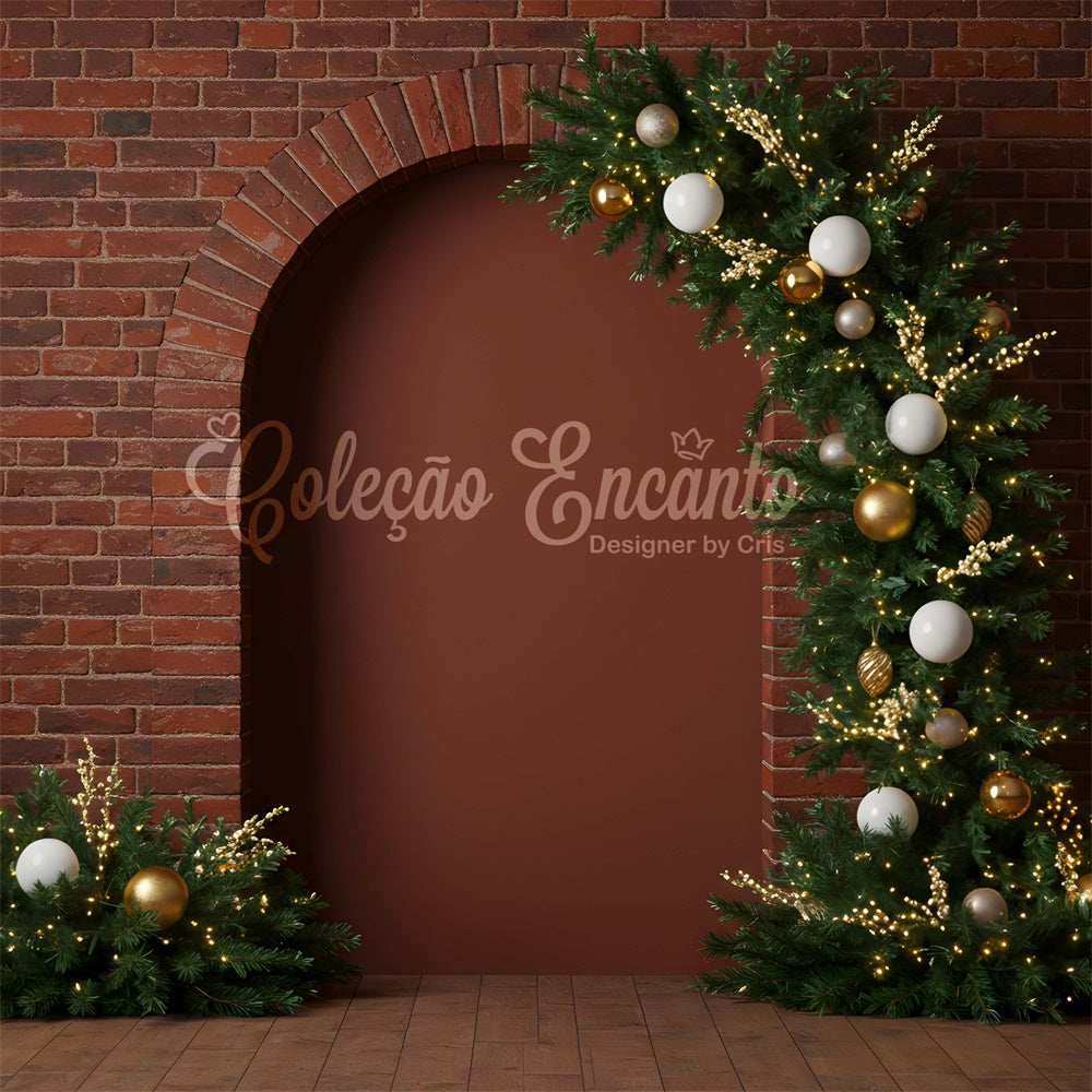 Christmas Photo Backdrop Dark Brick Archway Greenery Backdrop UK By Magali
