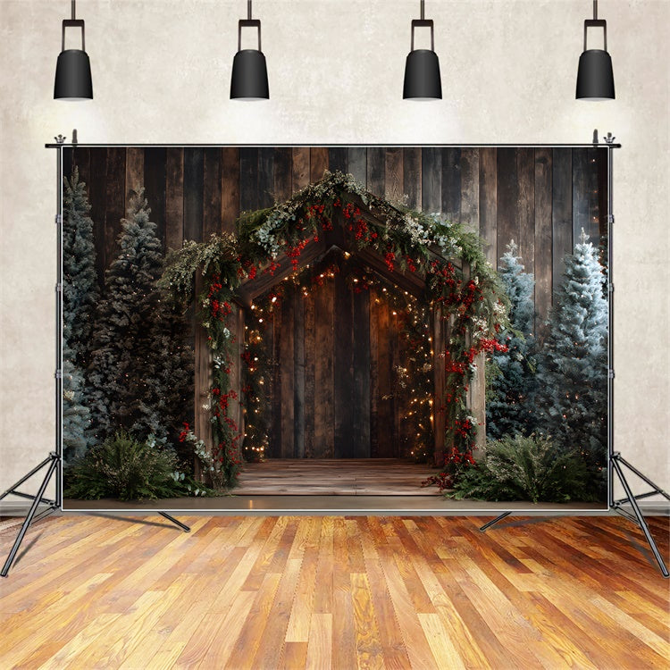Christmas Backdrops Wooden Doorway Pine Garland Backdrop UK By Magali