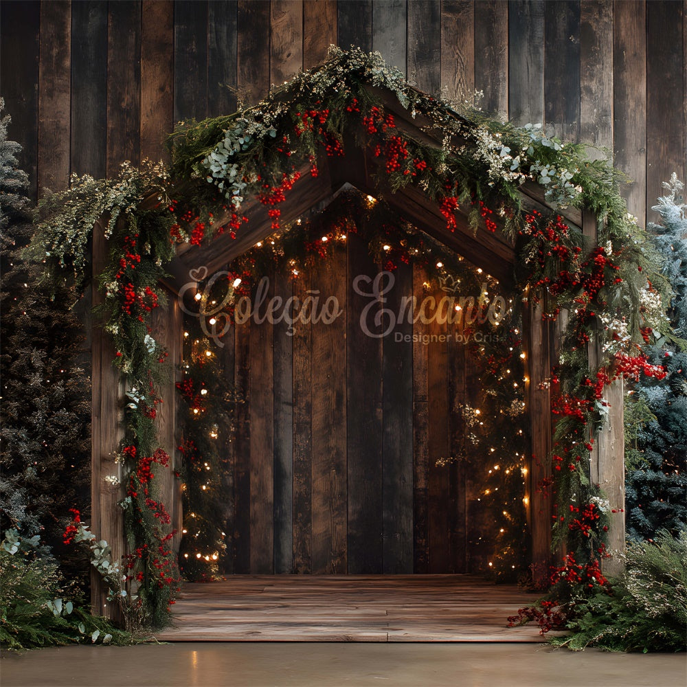 Christmas Backdrops Wooden Doorway Pine Garland Backdrop UK By Magali